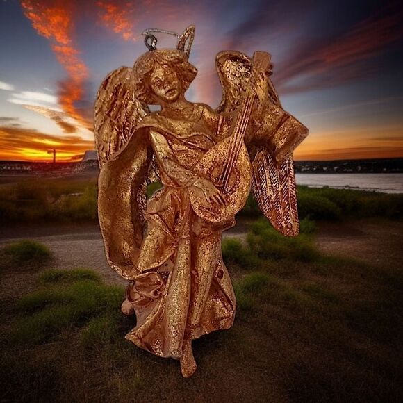 Gold Gilt Cherub Angel Ornament Figure Nativity MCM Mandolin Antiqued Wall Decor - Picture 10 of 14